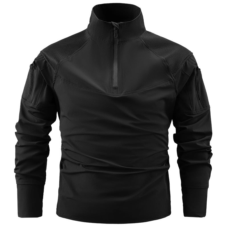 Herren nan taktisches Combat-Fieldshirt mit Halbreißverschluss, atmungsaktiven Mesh-Schultern und multifunktionalen Ärmeltaschen Drune