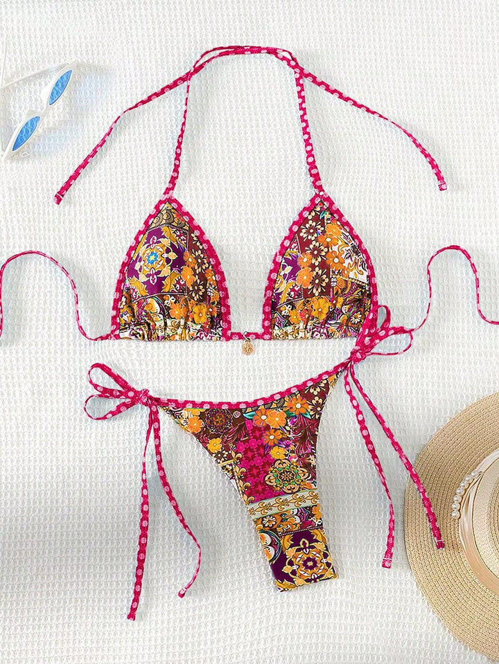Damen Triangel-Bikini mit buntem floralen Mustermix und verstellbaren Trägern Drune