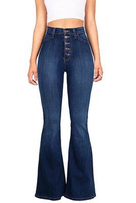 Damen High-Waist Flared Jeans mit dekorativen Knopfdetails und elastischem Bund Drune