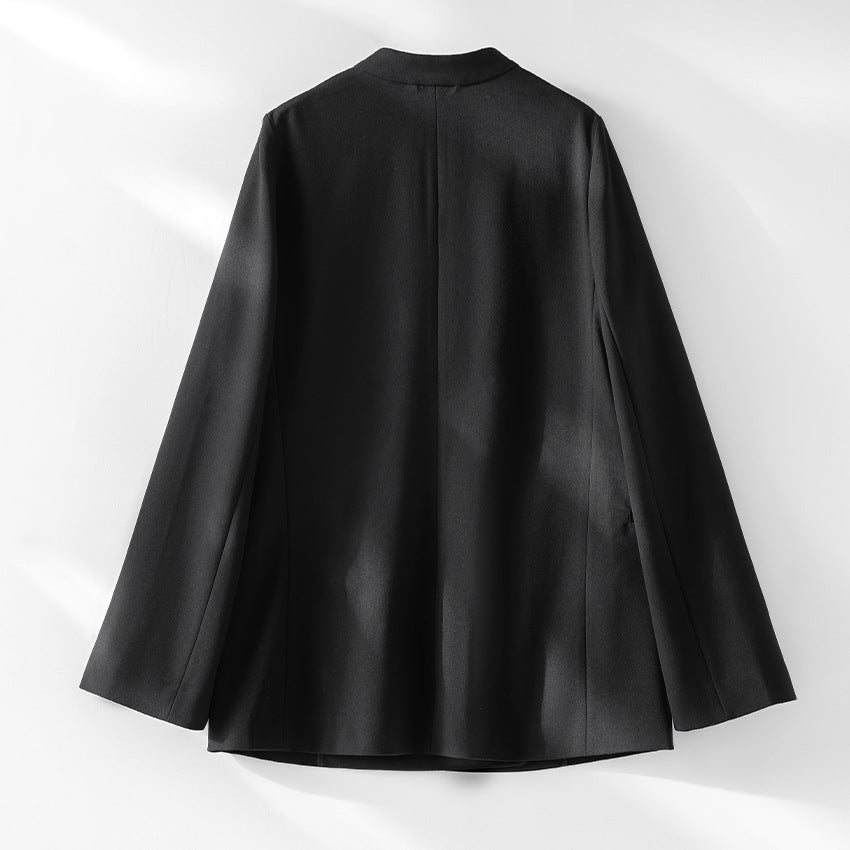 Damen kragenloser Longline-Blazer mit offenem V-Ausschnitt und Eingrifftaschen Drune
