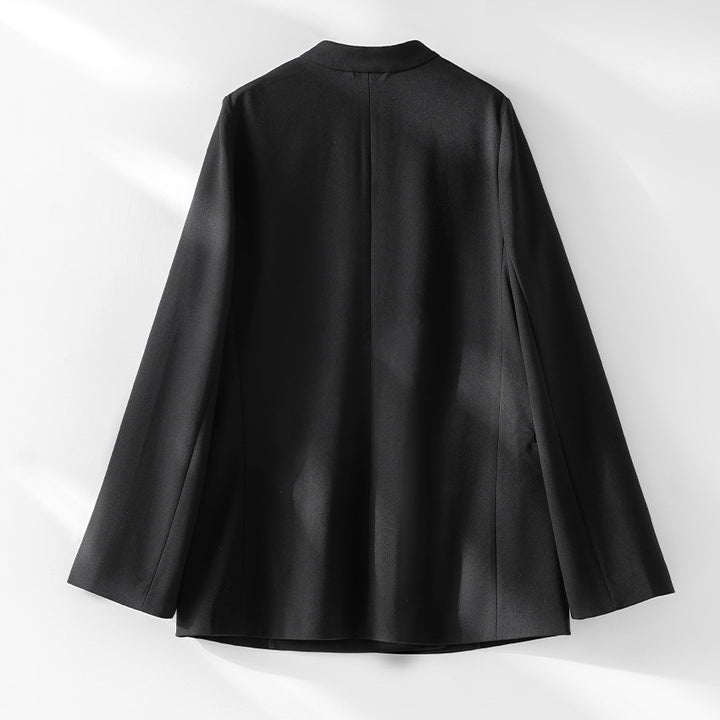 Damen kragenloser Longline-Blazer mit offenem V-Ausschnitt und Eingrifftaschen Drune