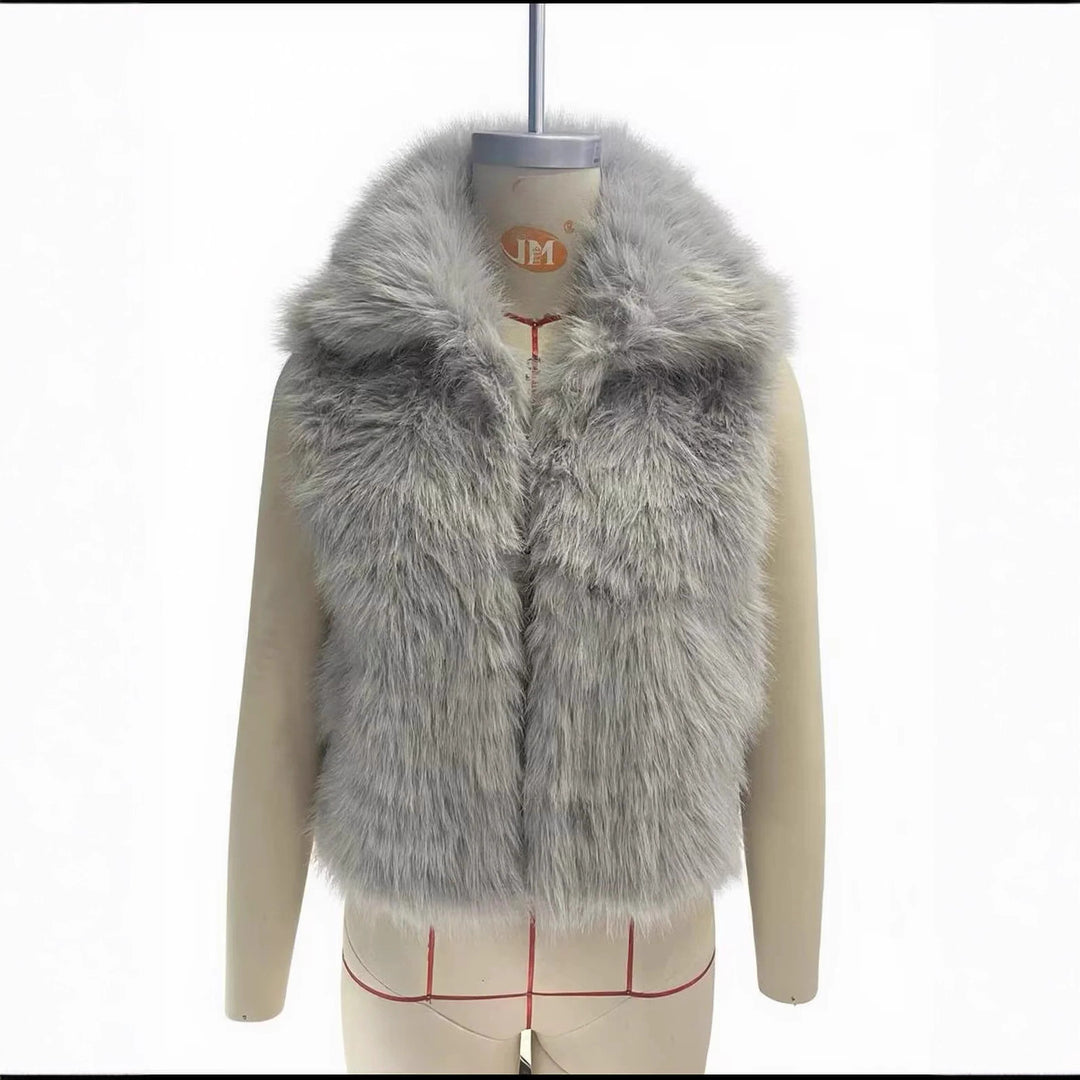 Damen nan luxuriöse Kunstfell-Weste mit voluminösem Schalkragen und verkürzter Silhouette Drune