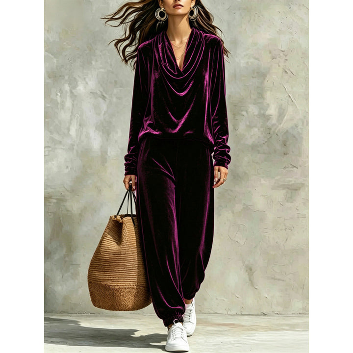 Damen Samt-Lounge-Set mit Wasserfallkragen und Jogger-Hose Drune