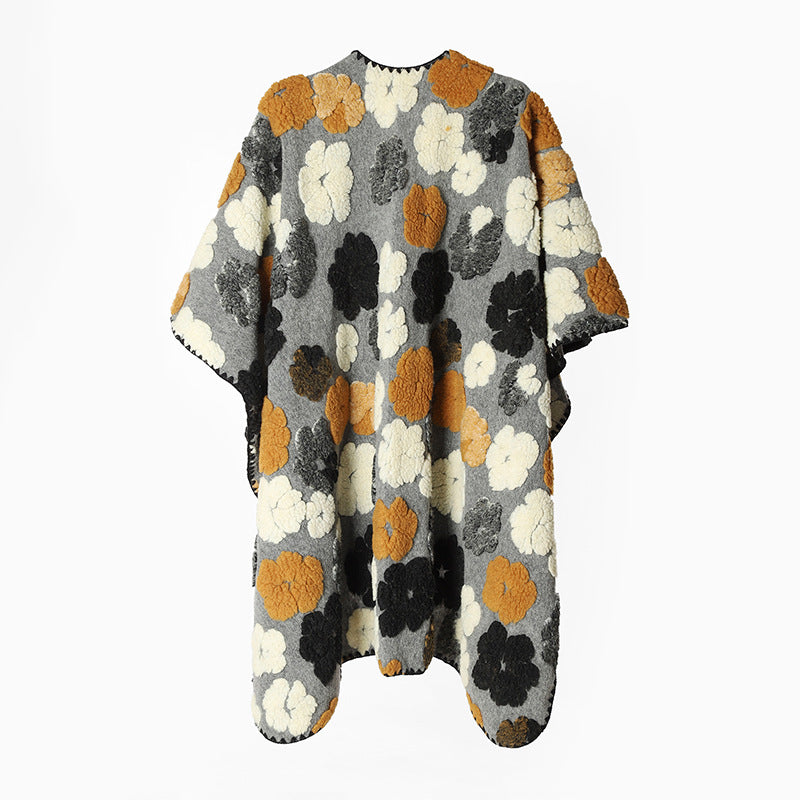Damen Oversize-Capeponcho mit aufgestepptem Blumenrelief und Kettelnaht Drune
