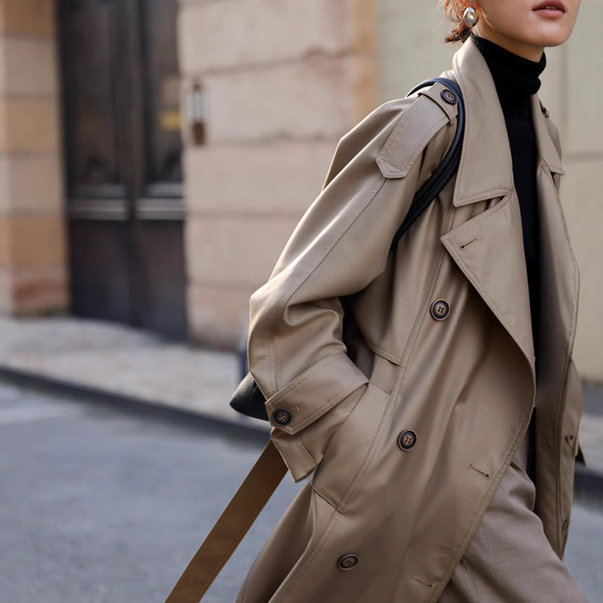 Damen Langer Oversize-Trenchcoat in veganer Lederoptik mit Bindegürtel und breitem Revers Drune