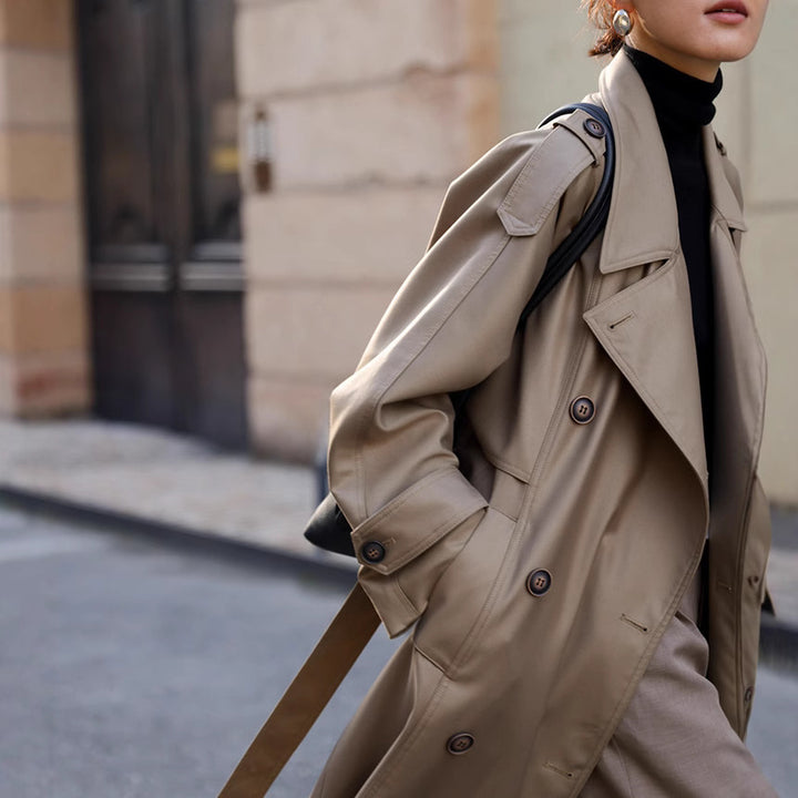 Damen Langer Oversize-Trenchcoat in veganer Lederoptik mit Bindegürtel und breitem Revers Drune