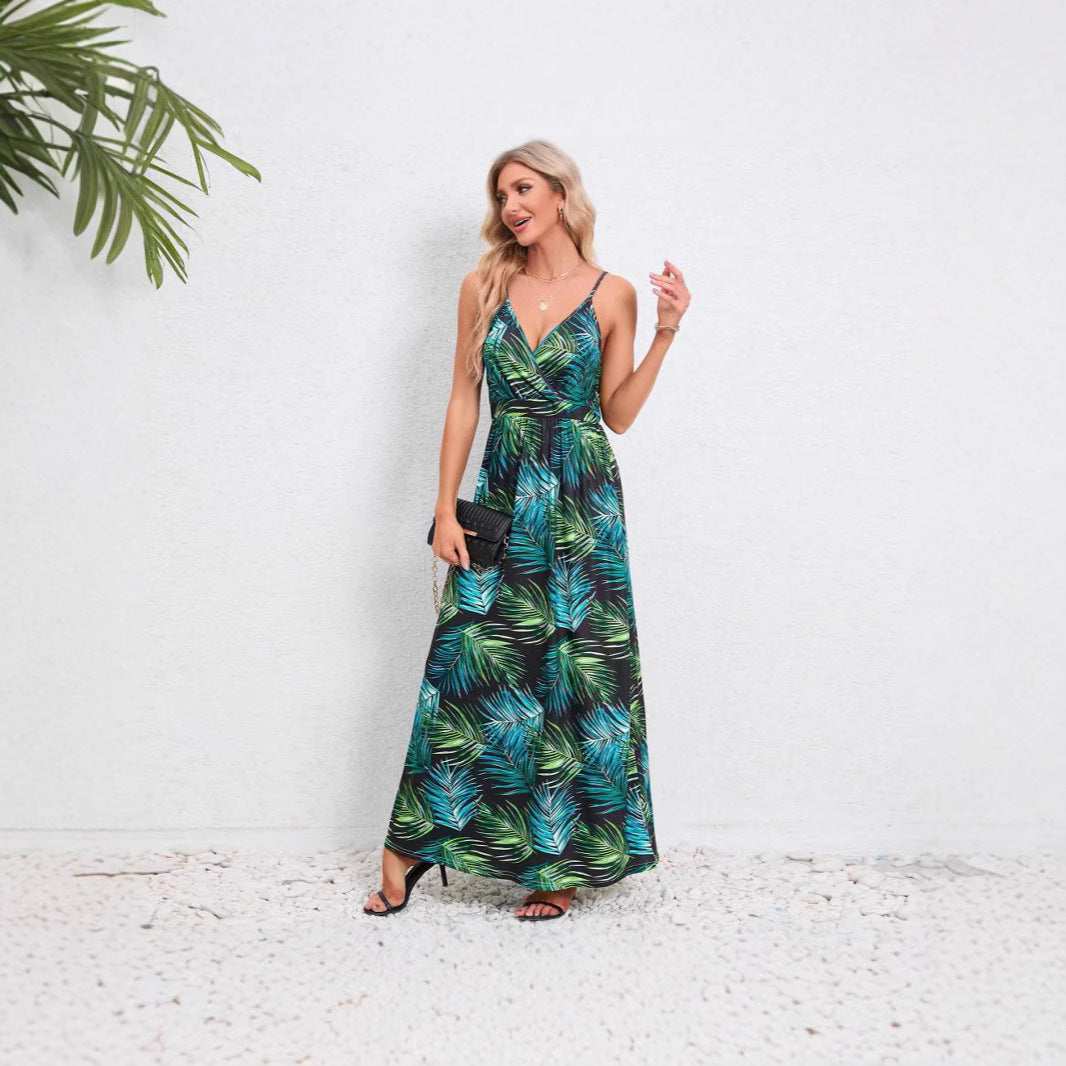 Damen Maxikleid mit zartem V-Ausschnitt und buntem Pflanzenmuster Drune