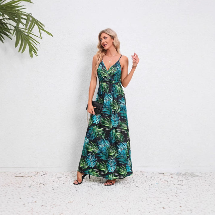 Damen Maxikleid mit zartem V-Ausschnitt und buntem Pflanzenmuster Drune