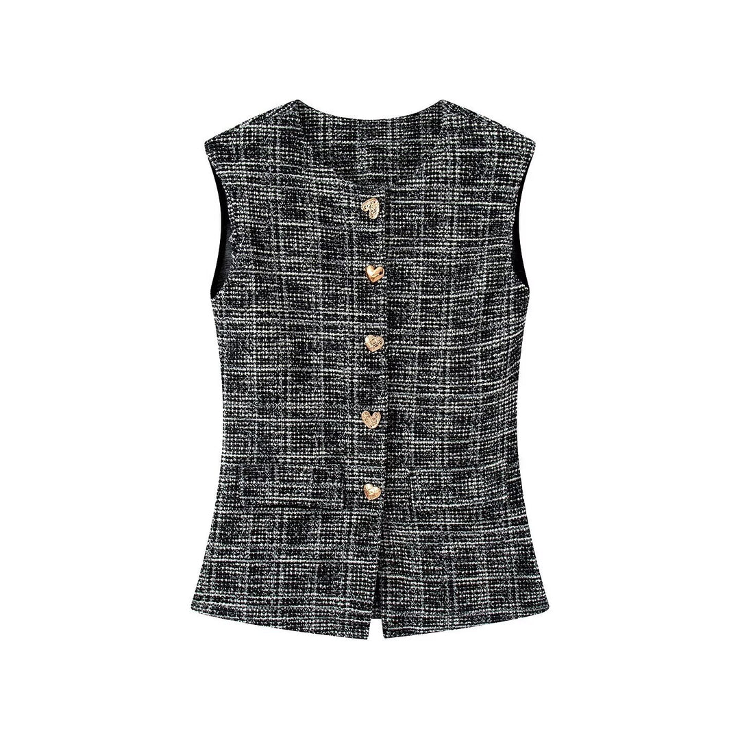 Damen elegante Karohose mit schmalem Schnitt und dekorativen Knöpfen Drune