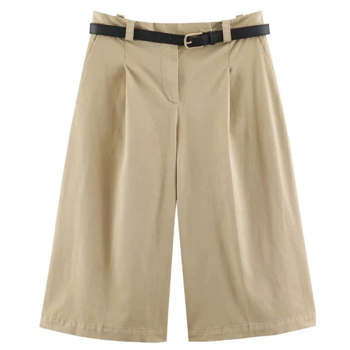 Damen Hochtaillierte Culotte‑Shorts mit Bügelfalte und Ziergürtel Drune