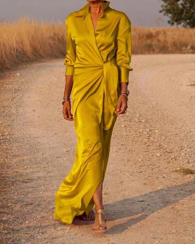 Damen Elegantes Wickel-Maxi-Kleid mit vielseitigem Kragen und seitlichem Schlitz Drune