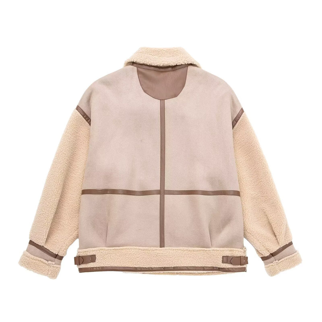 Damen Oversized Fliegerjacke mit Teddyfutter, asymmetrischem Reißverschluss und Kunstlederdetails Drune