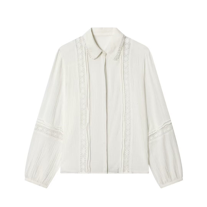 Damen Bluse mit zarter Spitzenapplikation, verdeckter Knopfleiste und Ballonärmeln Drune