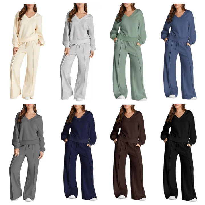 Damen Lässiges V-Ausschnitt Freizeit-Set mit weiter Jogginghose Drune
