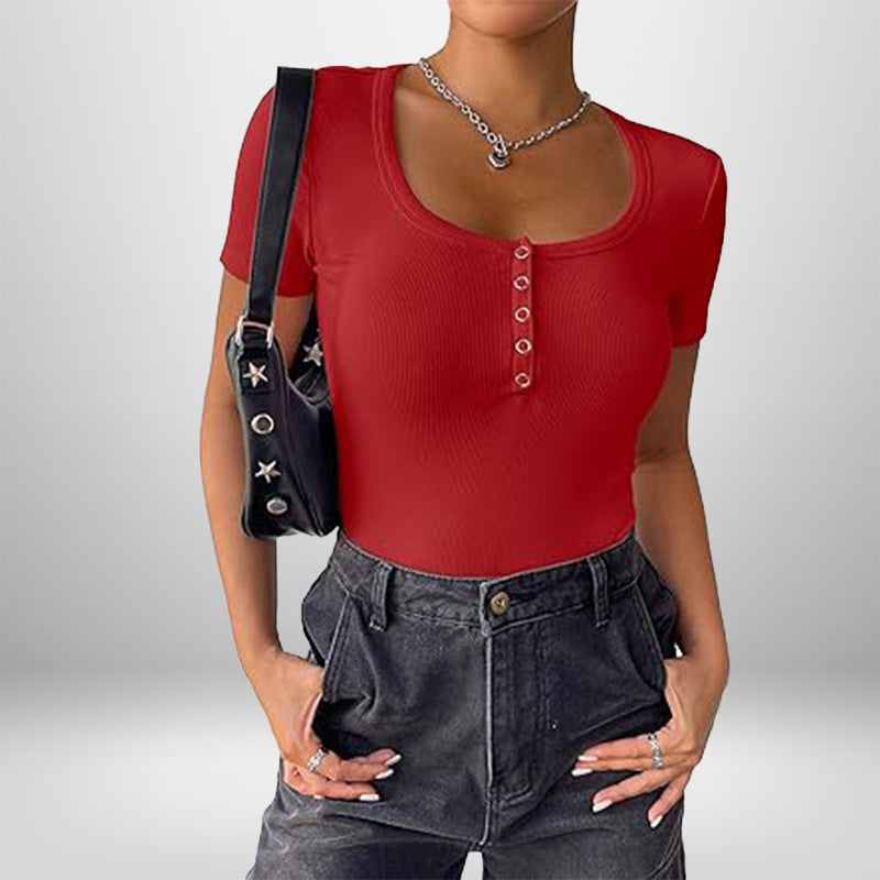 Damen Kurzarm Bodysuit mit Knopfdetails und figurbetonter Silhouette Drune