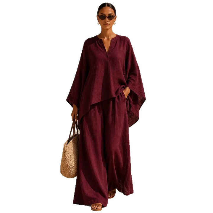 Damen Leichte Leinenmischung Übergroße Kaftan-Oberteil und Kordelzug Weitbein-Hosen Set Drune