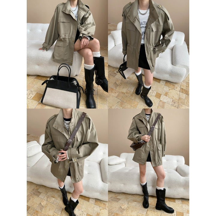 Damen lässige Übergangsjacke mit praktischen Taschen und verstellbarem Hüftzug Drune