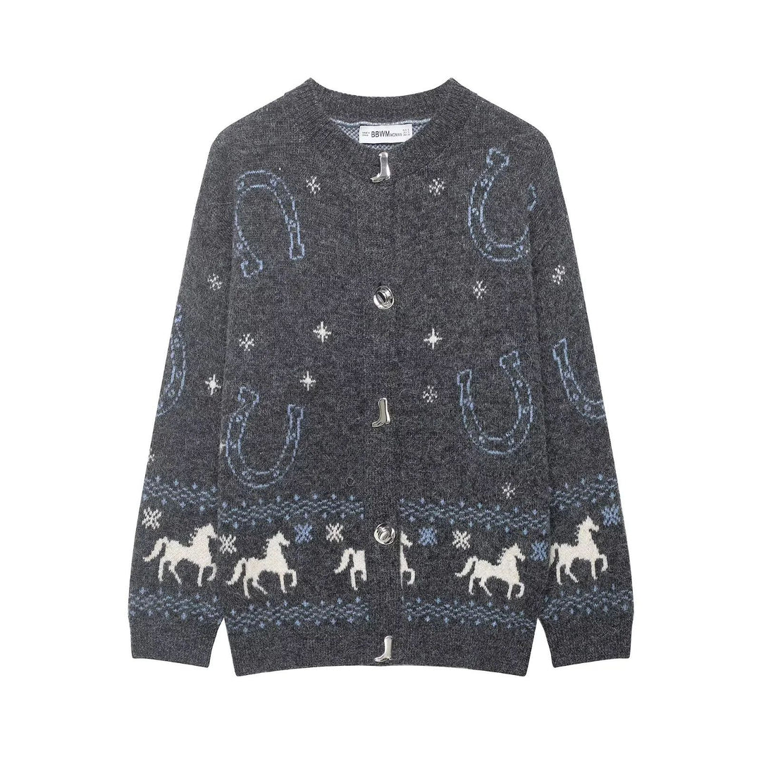 Damen nan Norweger-Strickcardigan mit Pferde- und Hufeisen‑Motiv und dekorativen Metallknöpfen Drune