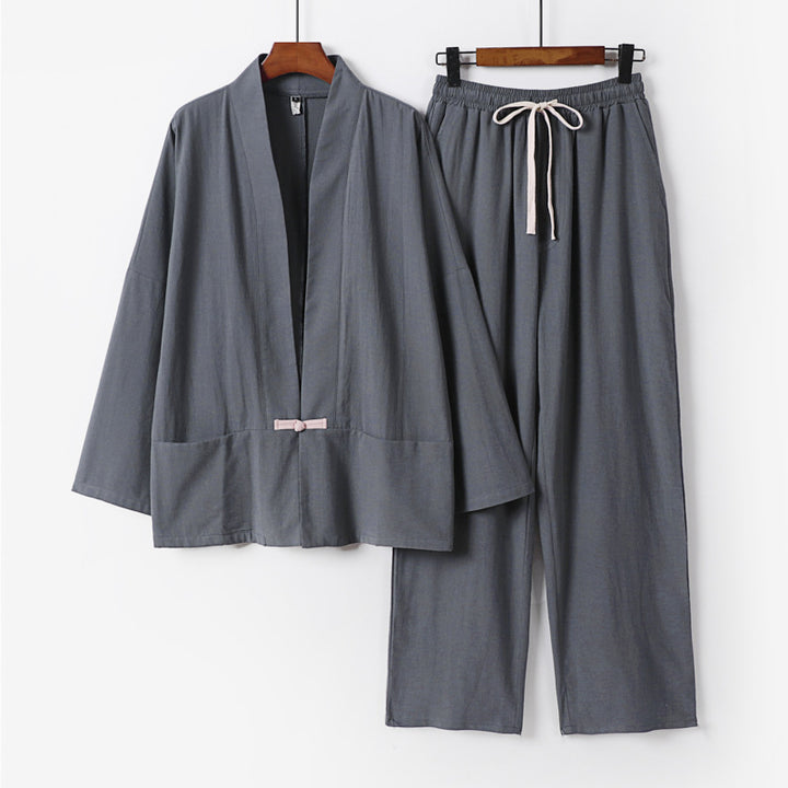 Herren Zen-inspiriertes Kimono-Loungewear-Set aus leichter Baumwollmischung mit offenem Schnitt und Kordelbundhose Drune