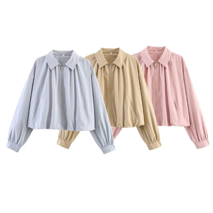 Damen Cropped-Blouson mit Hemdkragen, Frontreißverschluss und gerafften Ärmelbündchen Drune