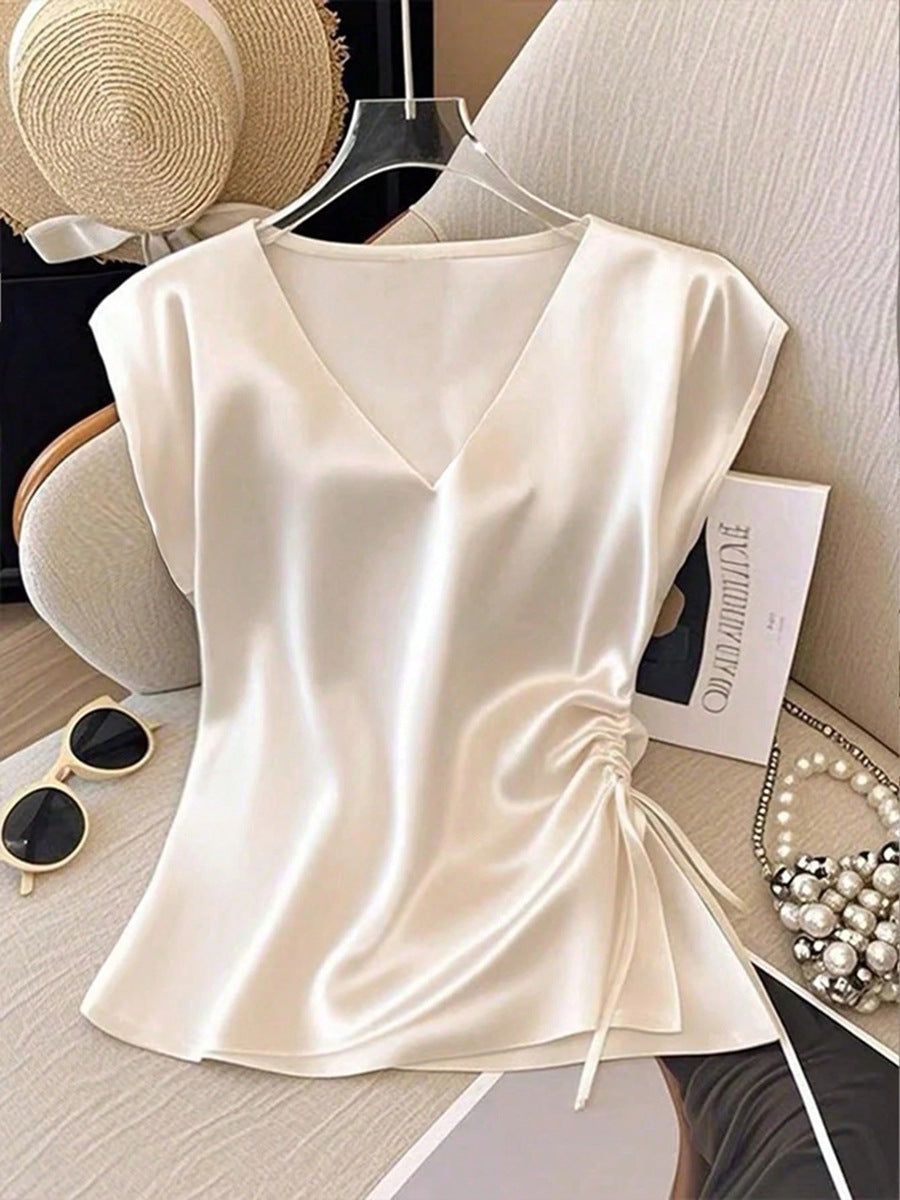 Damen Satinbluse mit seitlichem Kordelzug und V-Ausschnitt Drune