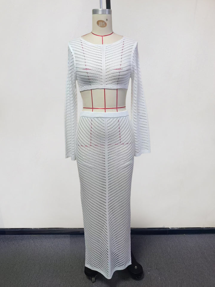 Damen elegantes gehäkeltes Set mit langärmligem Crop-Top und figurbetonendem Rock Drune