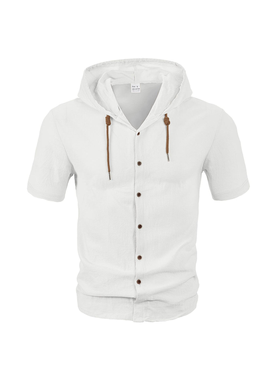 Herren nan tailliertes Kurzarm-Kapuzenshirt in Struktur-Leinenoptik mit Holzoptikknöpfen und Kordel Drune