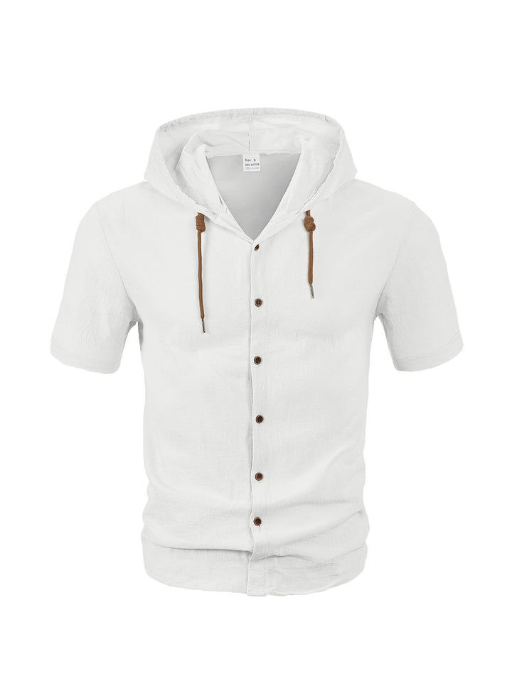 Herren nan tailliertes Kurzarm-Kapuzenshirt in Struktur-Leinenoptik mit Holzoptikknöpfen und Kordel Drune