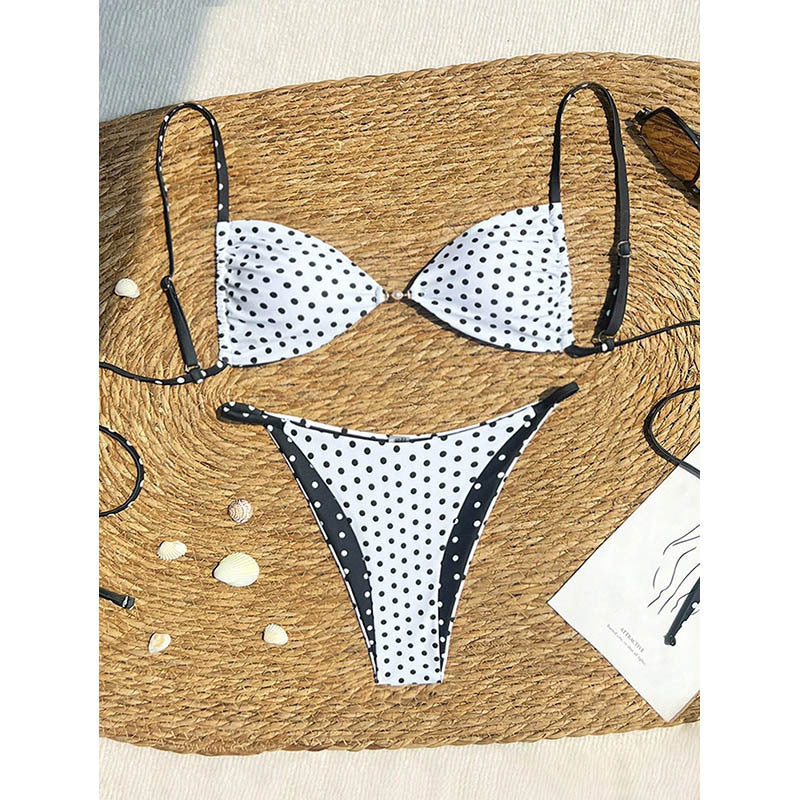 Damen Triangel-Bikini mit kontrastierenden Punkten und verstellbaren Trägern Drune