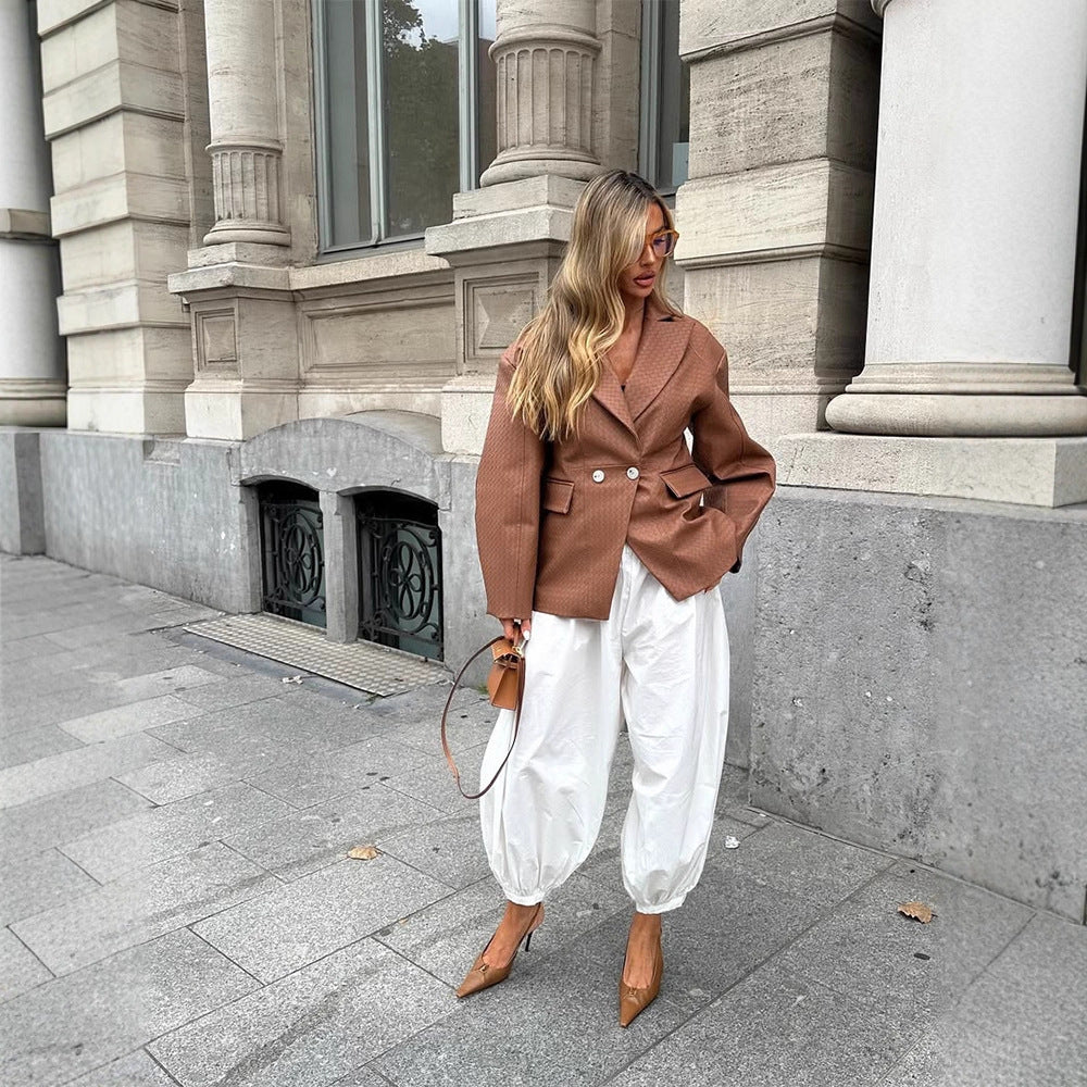 Damen Boxy-Blazer mit taillierter Drapierung und strukturierter Lederimitat-Optik Drune
