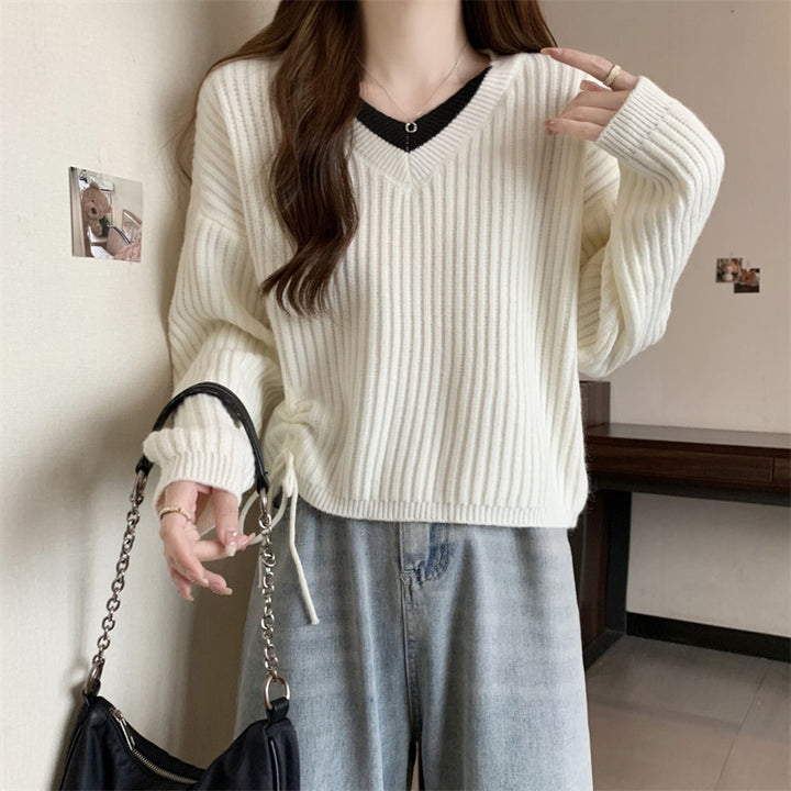Damen gemütlicher V-Ausschnitt Strickpullover mit feiner Rippstruktur und lässigem Schnitt Drune