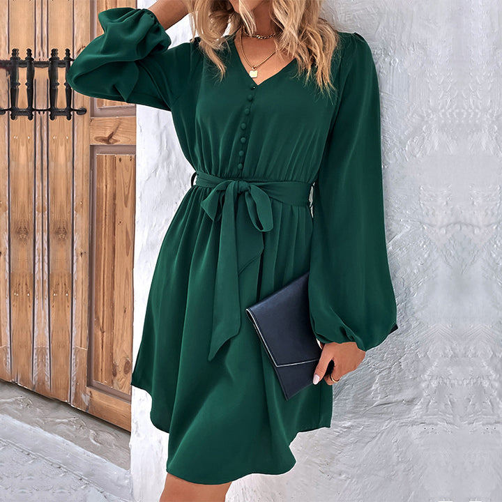 Damen V-Ausschnitt Kleid mit Bindegürtel, Knopfleiste & Ballonärmeln Drune