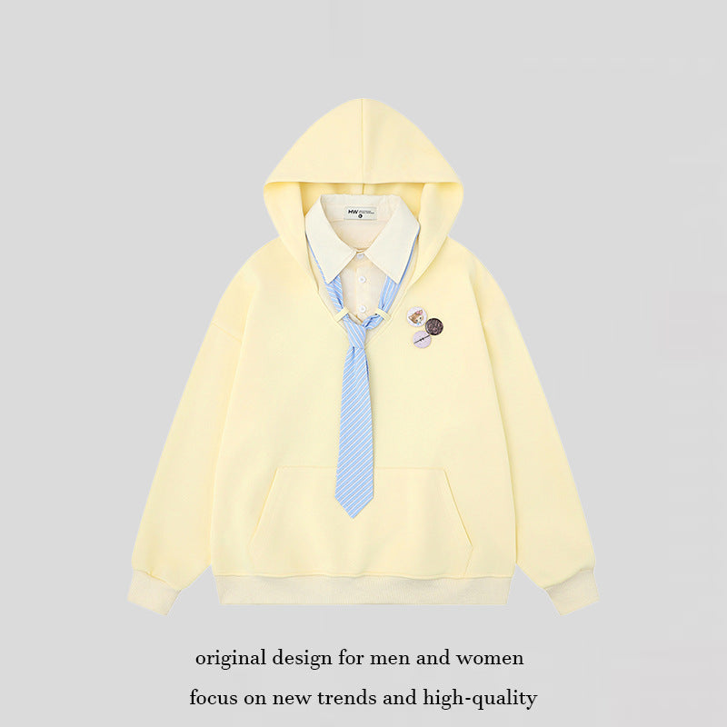 Damen Kapuzenpullover mit eingesetztem Hemdkragen und vorgebundener Krawatten-Applikation Drune