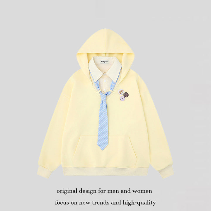 Damen Kapuzenpullover mit eingesetztem Hemdkragen und vorgebundener Krawatten-Applikation Drune