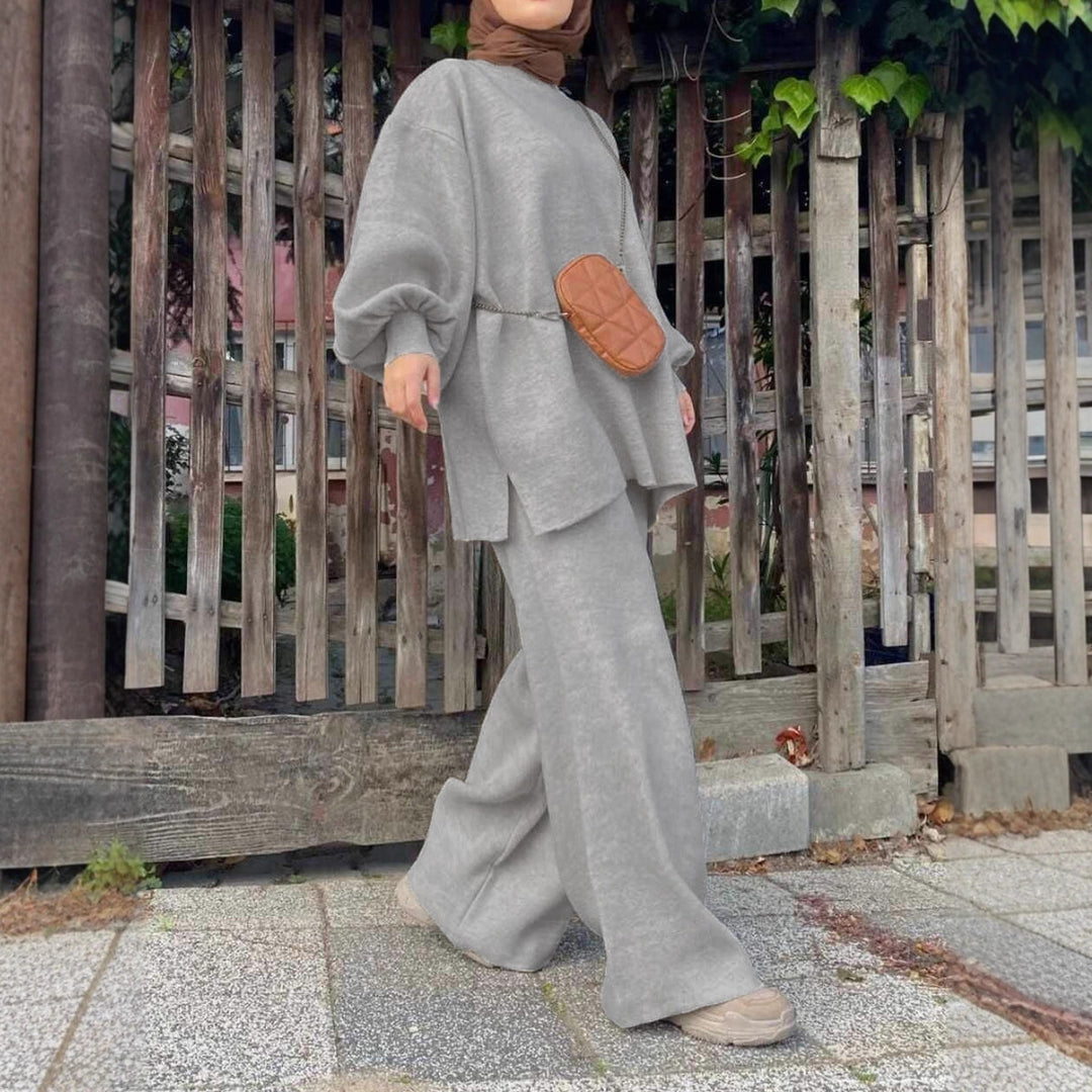 Damen Oversize-Strickset mit Ballonärmeln & weitem Palazzo-Hosenbein Drune