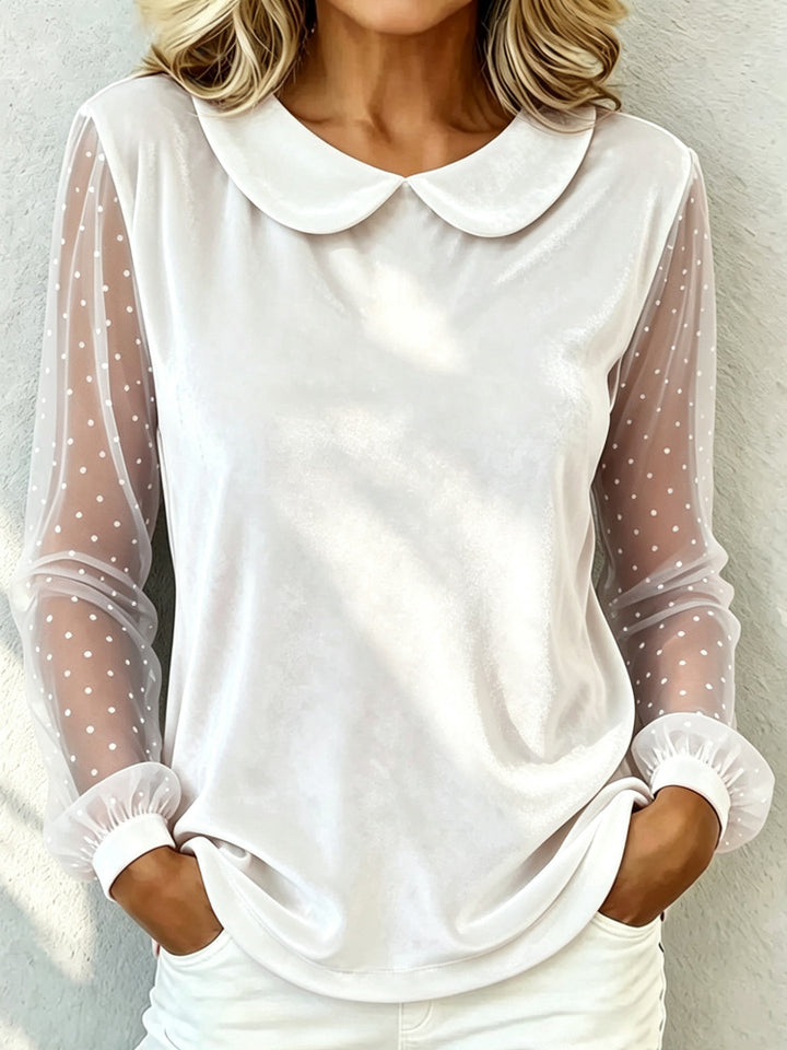 Damen Kuschelige Samtbluse mit Peter-Pan-Kragen und gepunkteten Mesh-Ärmeln Drune