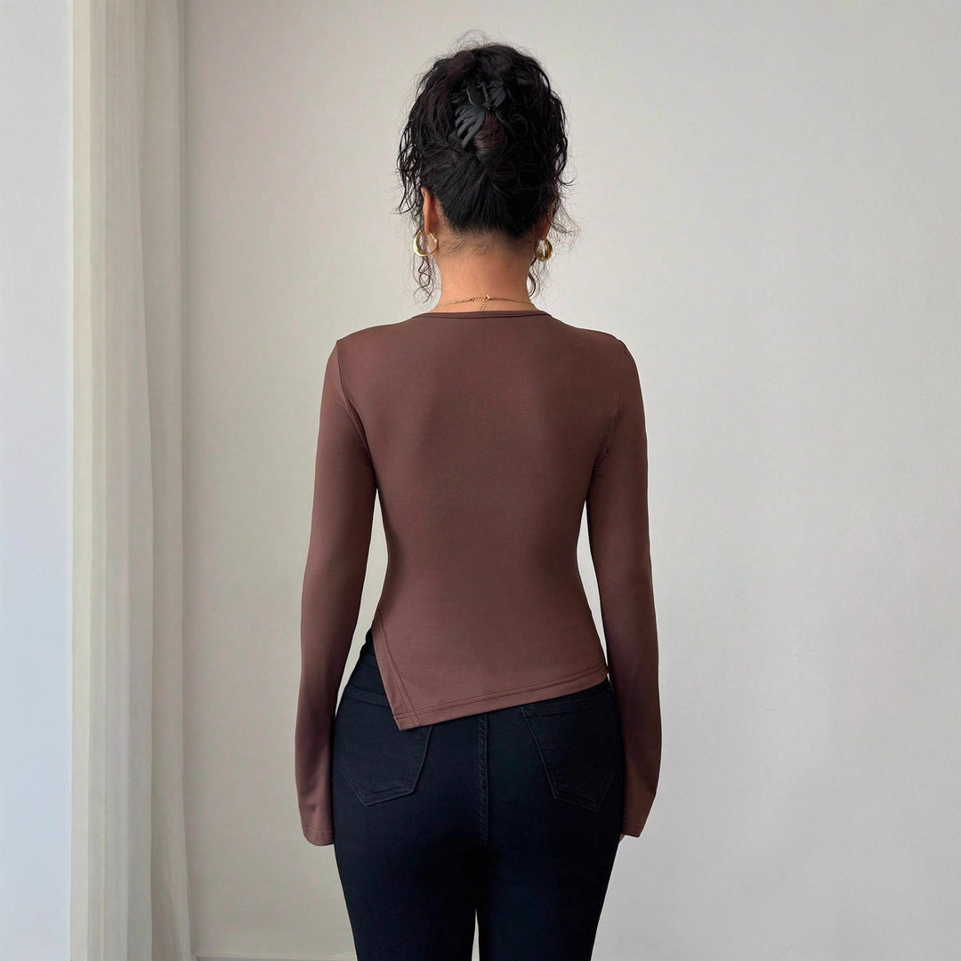 Damen nan figurbetontes Langarmshirt mit Schlüsselloch und Ringapplikation Drune