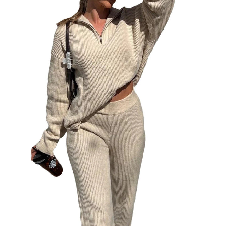 Damen Geripptes Strick-Lounge-Set mit halbem Reißverschluss und weiter Palazzohose Drune