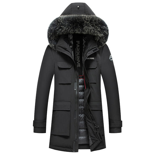Herren Langer Winterparka mit abnehmbarer Kapuze und Kunstfellbesatz, Thermogefüttert Drune