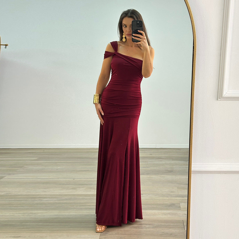 Damen elegantes, tailliertes Abendkleid mit asymmetrischem Träger Drune