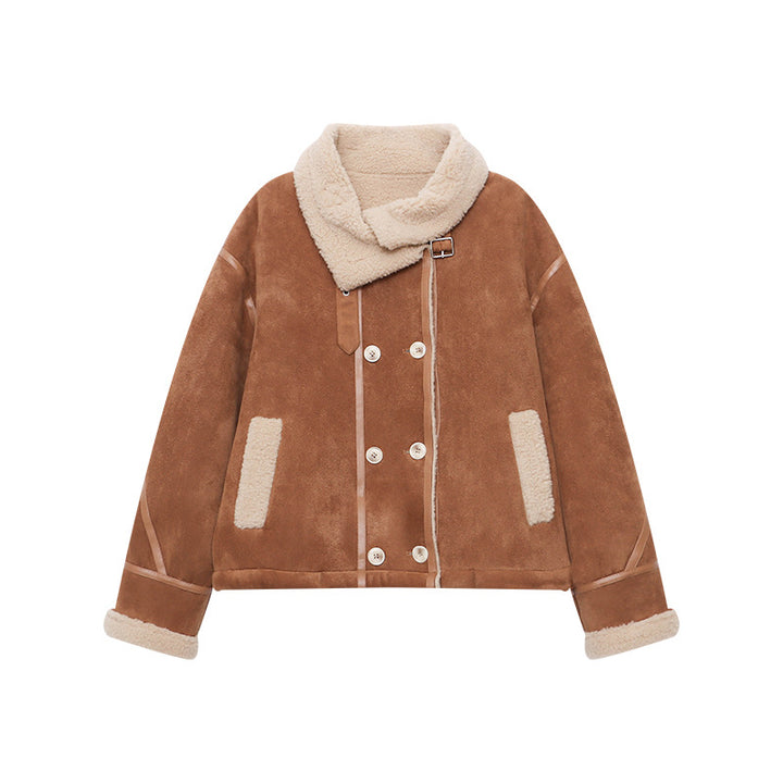 Damen lässige Fleecejacke mit umschlagbarem Kragen und Knopfdetails Drune
