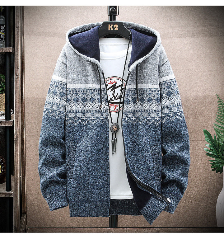 Herren Kapuzen-Strickzipjacke mit Norweger-Jacquard und weichem Futter Drune
