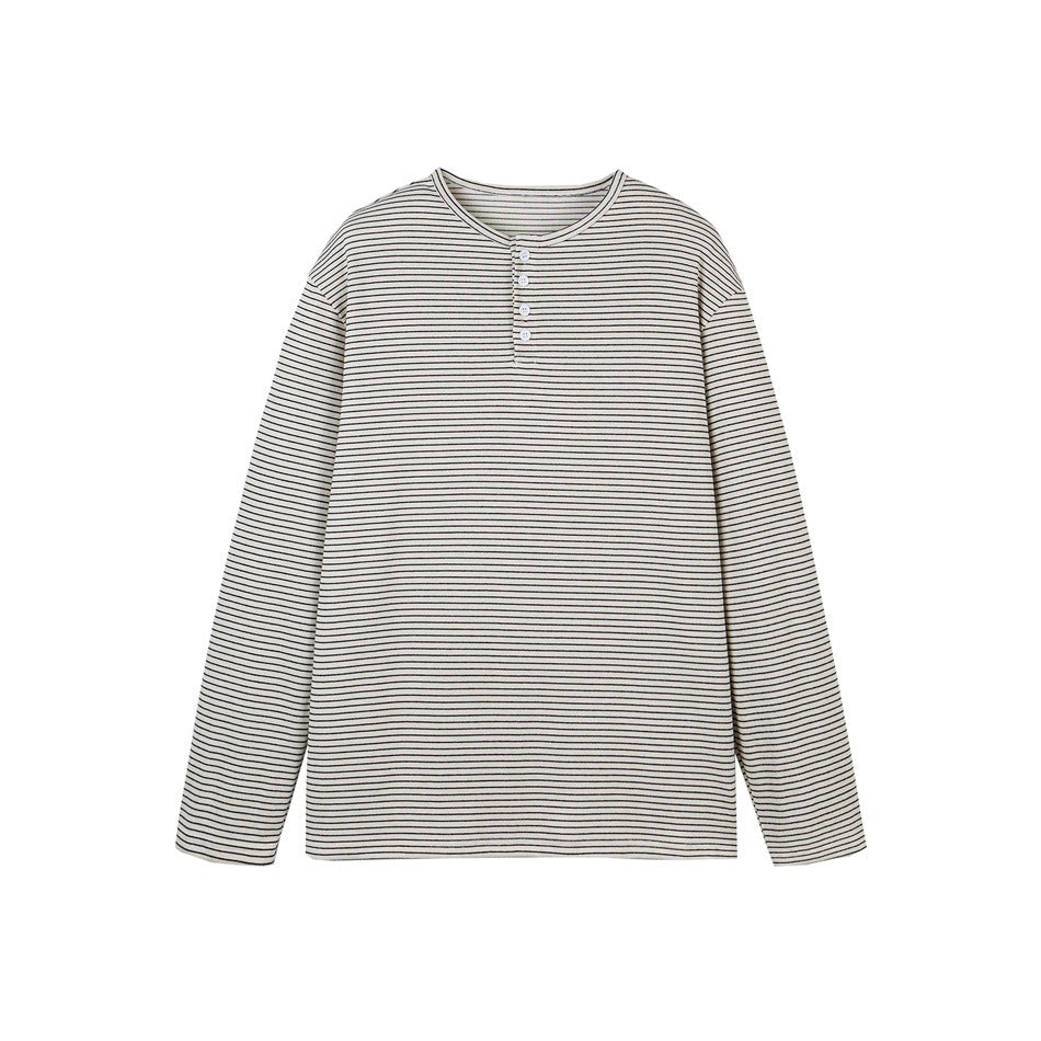Unisex Gestreiftes Henley-Langarmshirt im Oversize-Relaxed-Schnitt mit Knopfleiste Drune