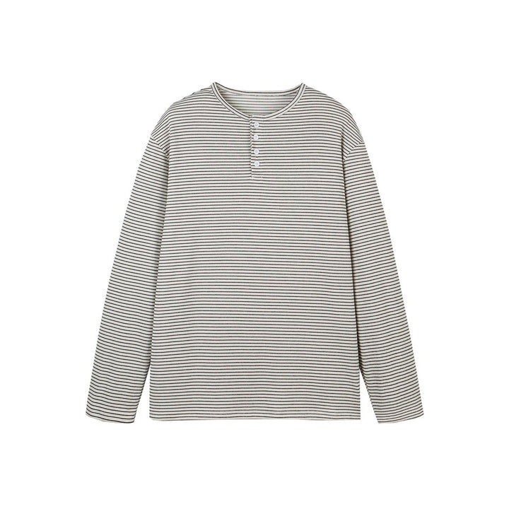 Unisex Gestreiftes Henley-Langarmshirt im Oversize-Relaxed-Schnitt mit Knopfleiste Drune