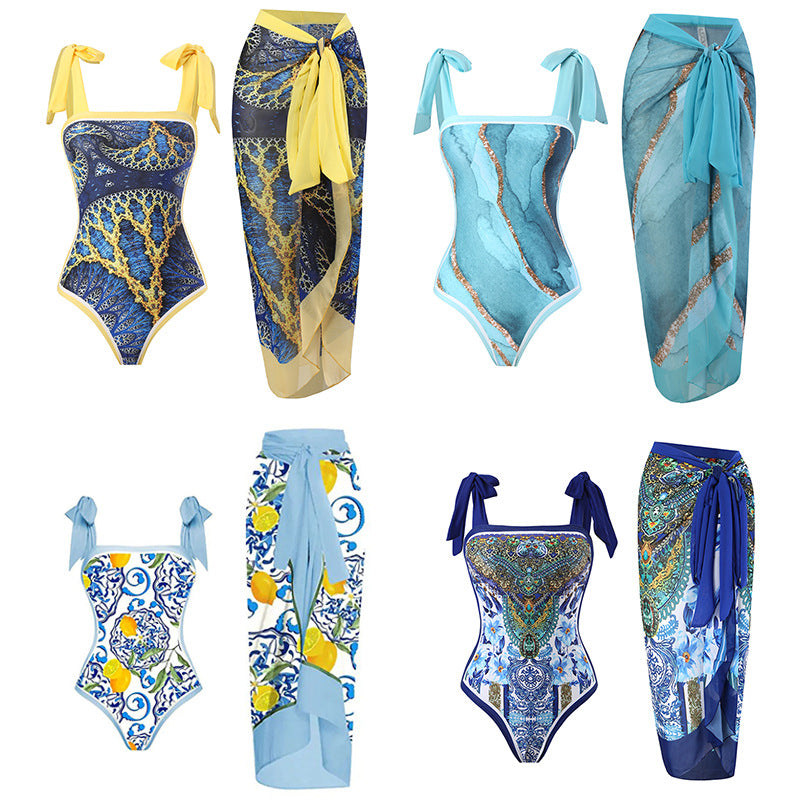 Damen Wickelrock mit elegantem Aquarell-Muster und Bindegürtel Drune