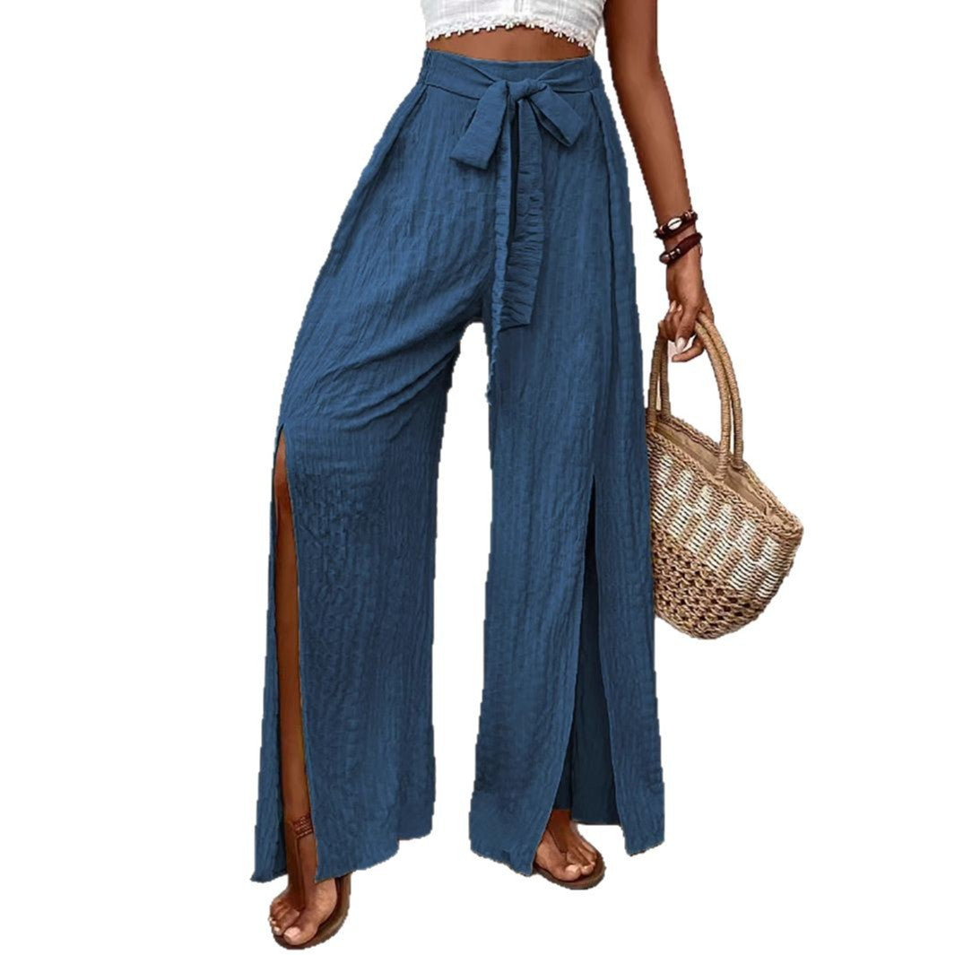 Damen elegante weite Sommerhose mit seitlichen Schlitz und Bindegürtel Drune