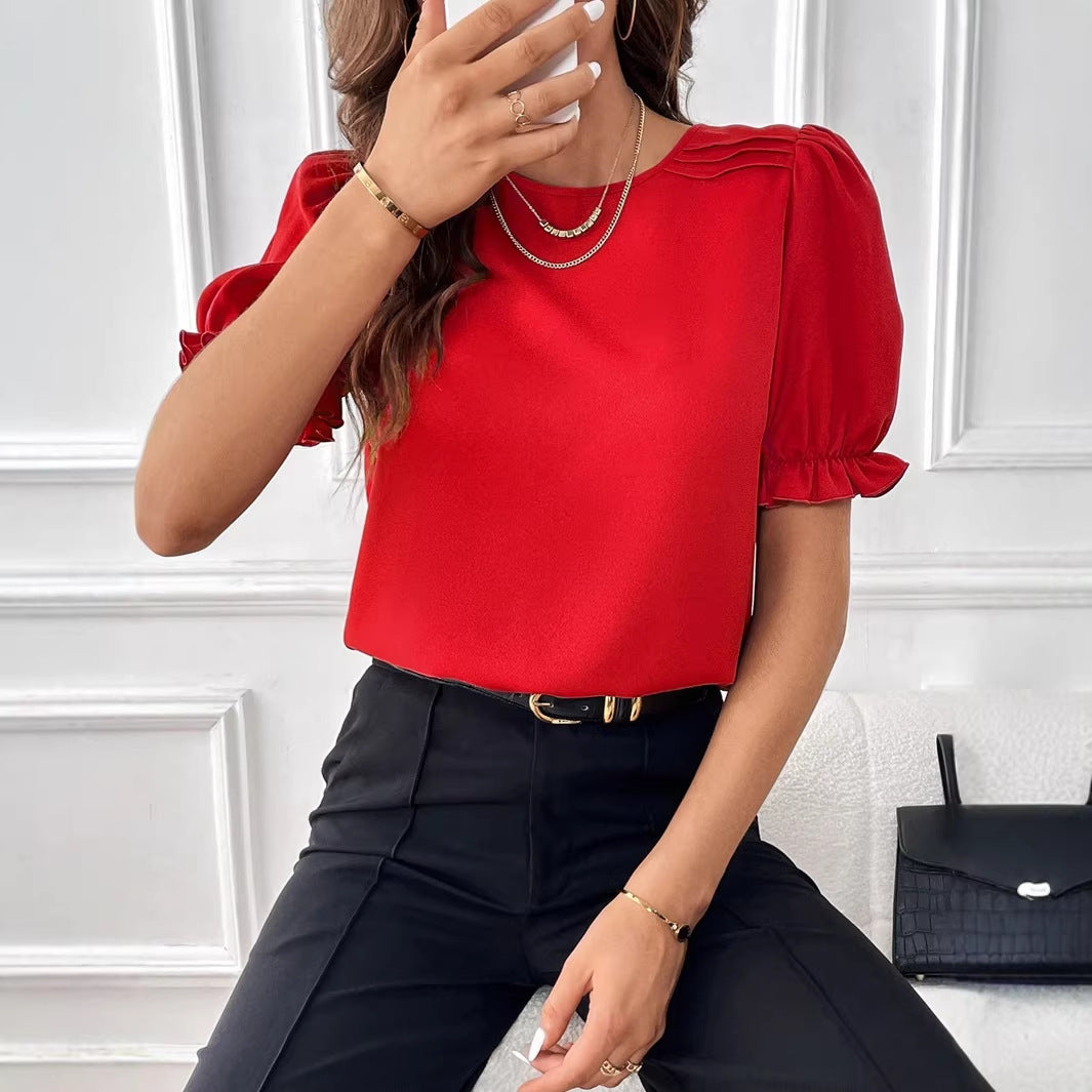 Damen Elegante Chiffonbluse mit Puffärmeln und dekorativen Schulterfalten Drune