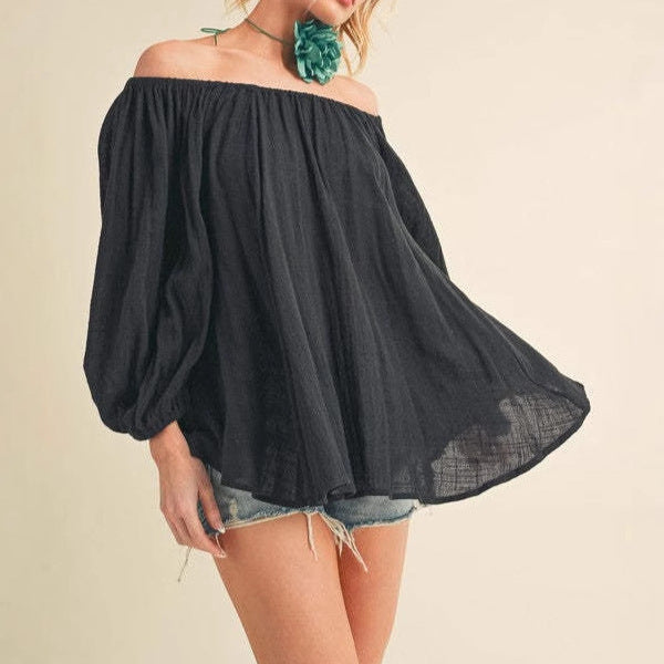 Damen lässige Bluse mit Off-Shoulder Schnitt und voluminösen Ärmeln Drune