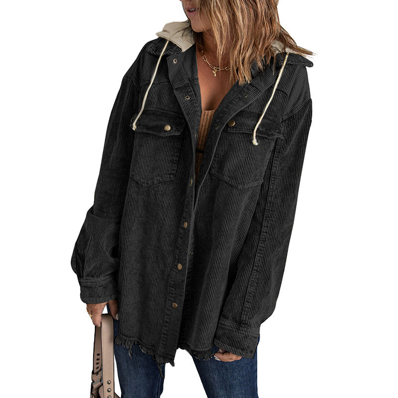 Drune | Jacke mit Kapuze - Oversized Fit - Cord-Textur - Knopfverschluss - Fransenrand