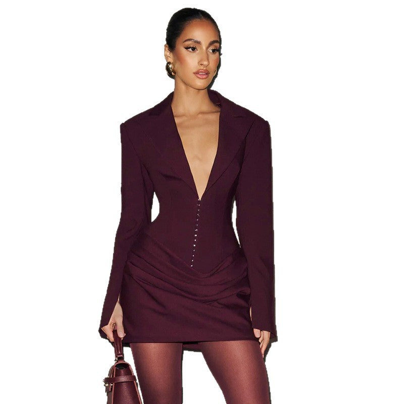 Damen Blazer-Minikleid mit tiefem V-Ausschnitt und eleganter Silhouette Drune